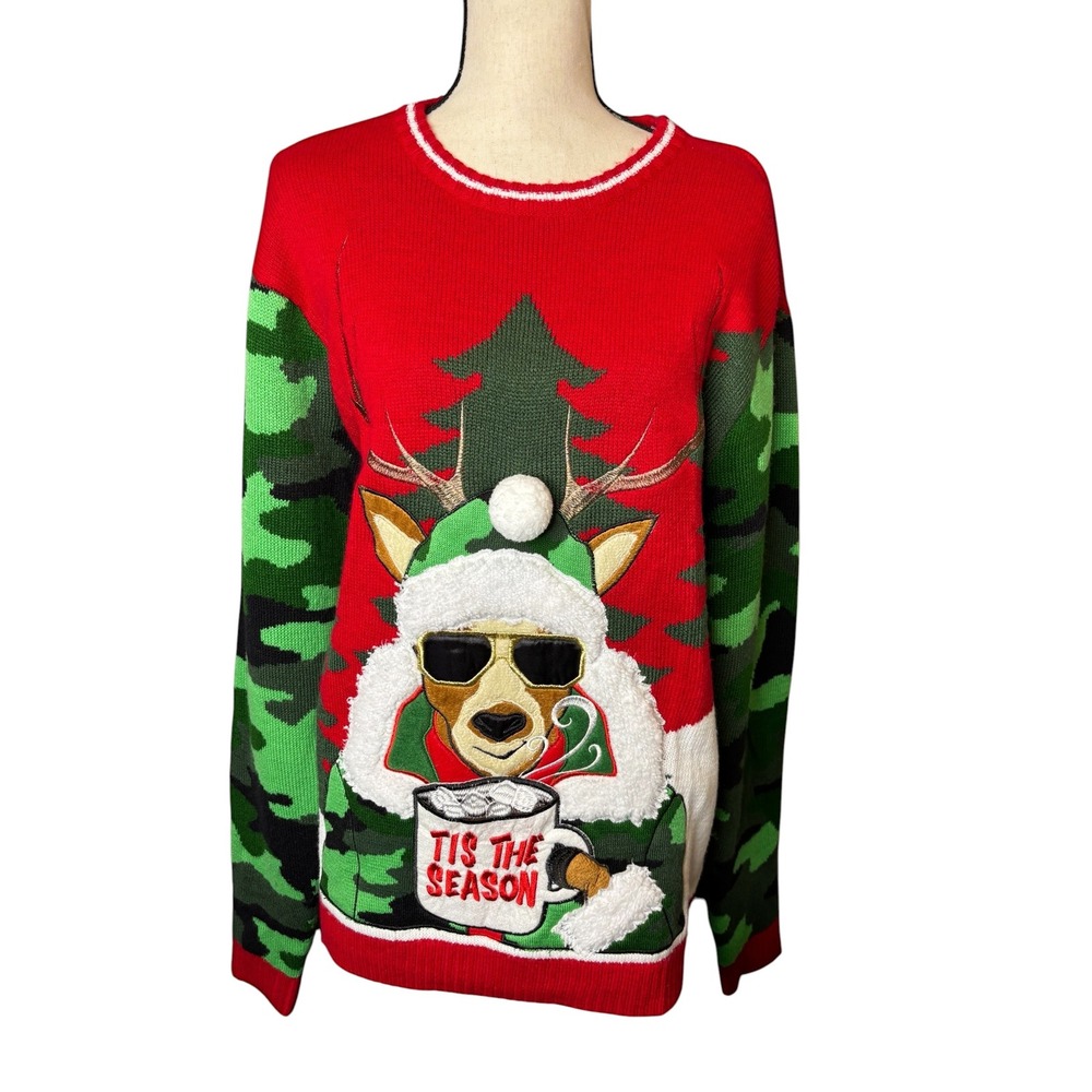Celebrate Together Womens XL Ugly Christmas Sweater Reindeer Camo Tis The Season